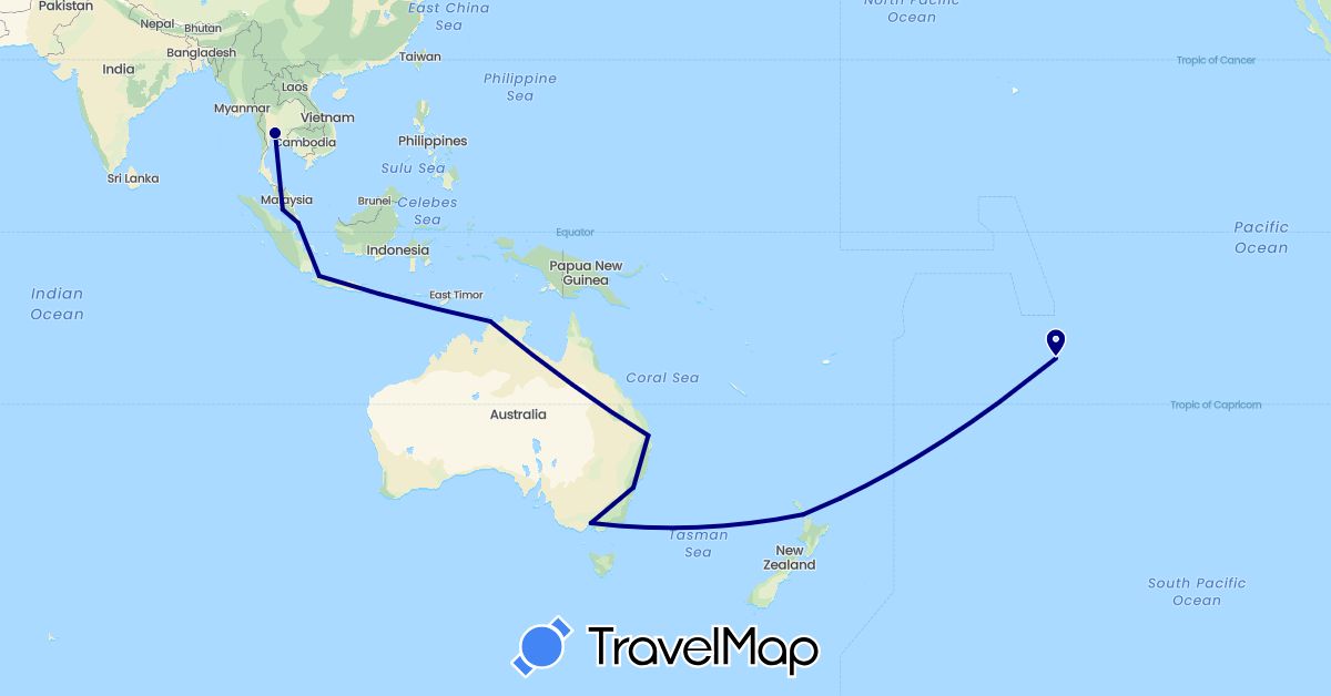 TravelMap itinerary: driving in Australia, France, Indonesia, Malaysia, New Zealand, Singapore, Thailand (Asia, Europe, Oceania)